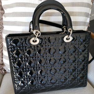 Large Lady Dior Bag - Black Patent Cannage Calfskin